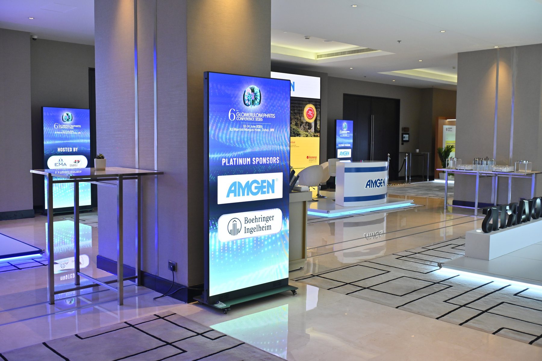 Pixanova portable LED roll-up screen in the conference foyer at the 6th Glomerulonephritis Conference 2026, JW Marriott Marquis Dubai