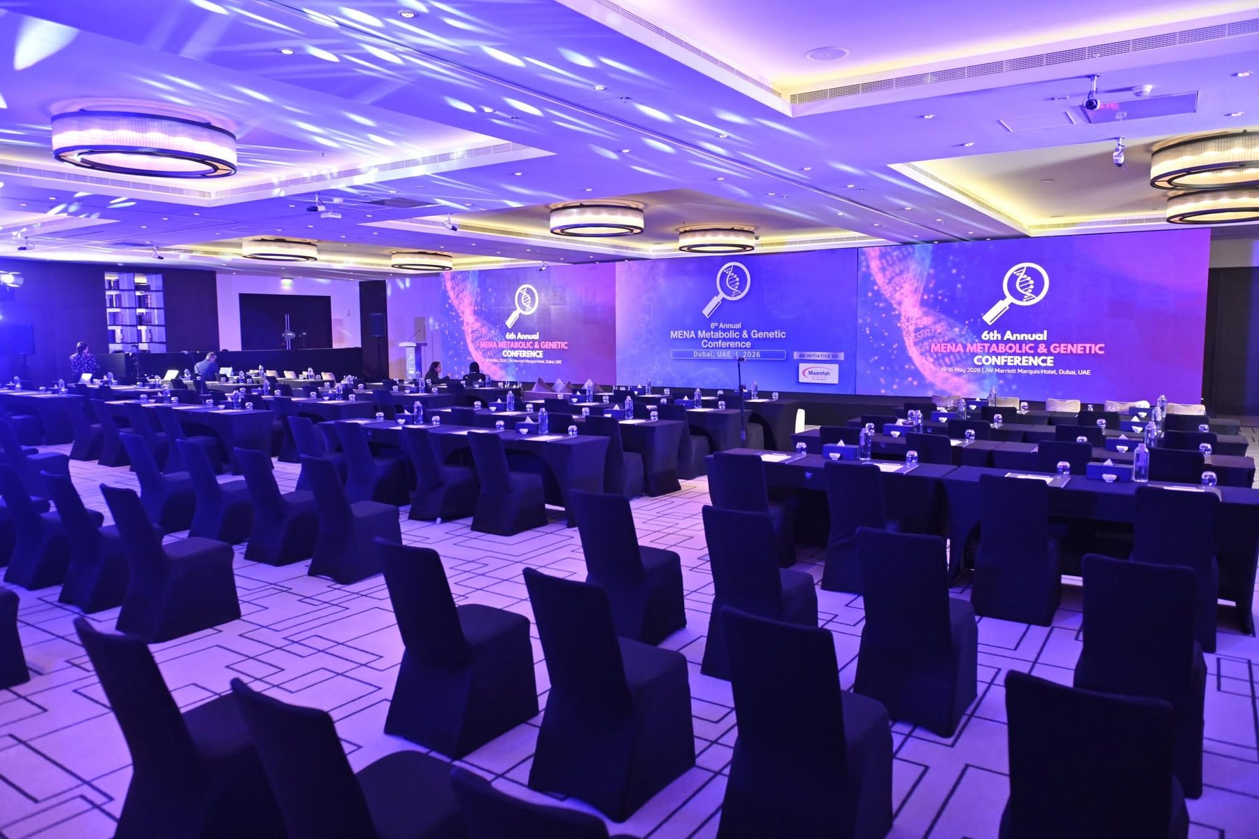 Pixanova LED units linked into a full-width wall spanning the ballroom stage at the MENA Metabolic & Genetic Conference 2026, JW Marriott Marquis Dubai